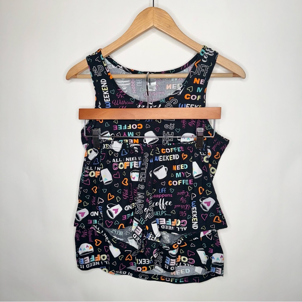ALL I NEED IS COFFEE SLEEP JUNKIE SET TANK TOP & SHORTS ABSTRACT PATTERN